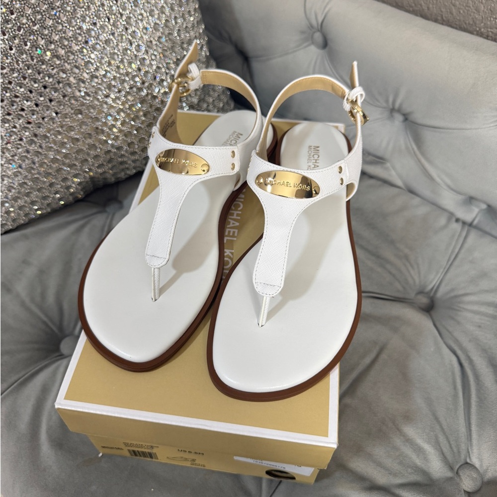 Michael Kors Logo Plate T-Strap Thong Saffiano PVC Sandals